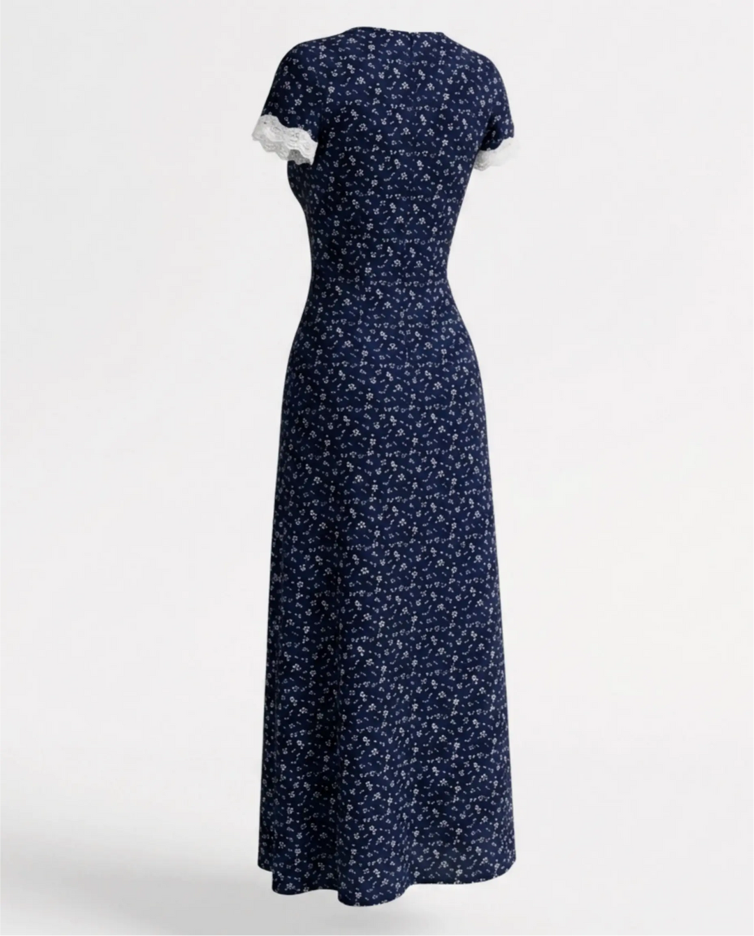 Navy Blue Floral Lace Trim Midi Dress