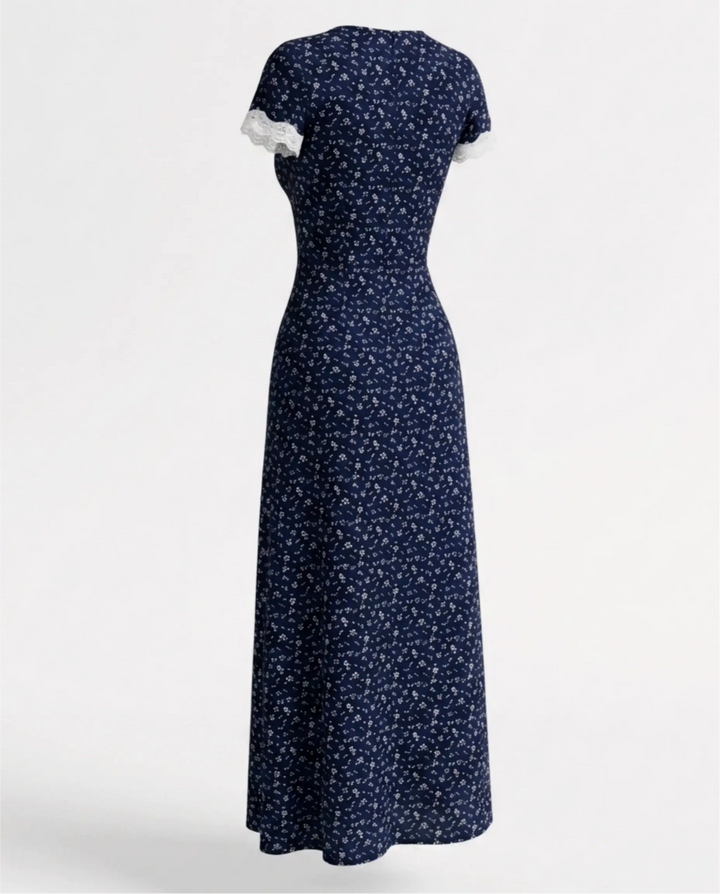 Navy Blue Floral Lace Trim Midi Dress