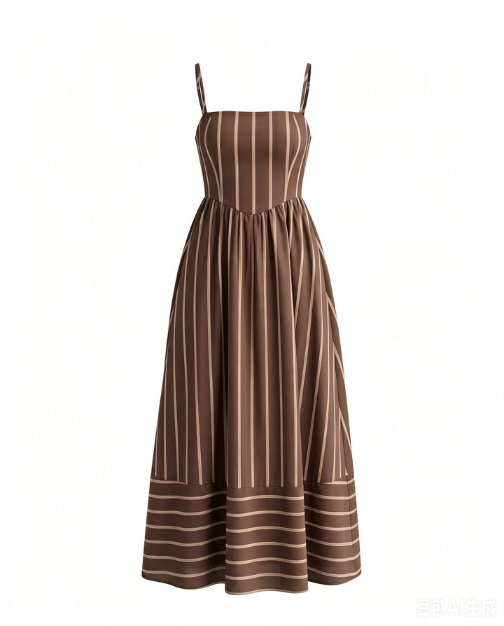 Brown Striped Spaghetti Strap Maxi Dress