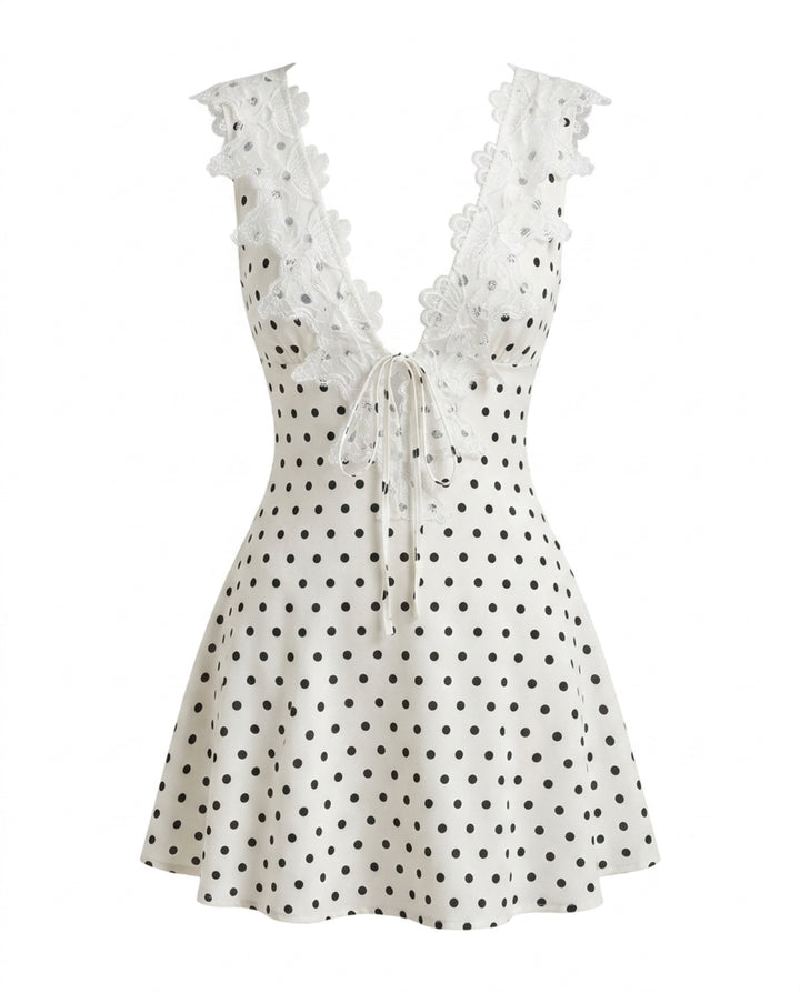 White Polka Dot Lace Trim V-Neck Mini Dress