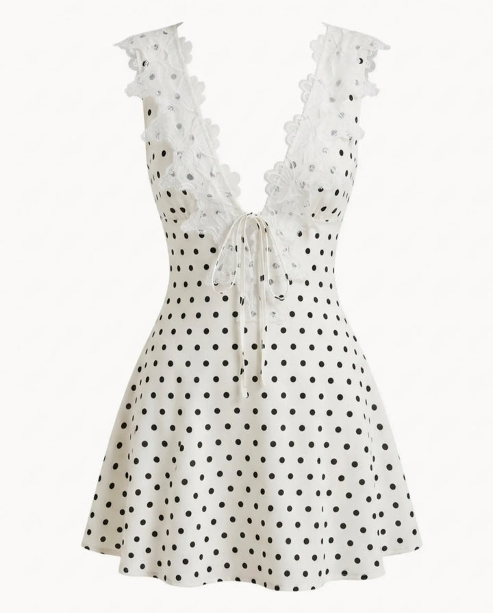 White Polka Dot Lace Trim V-Neck Mini Dress