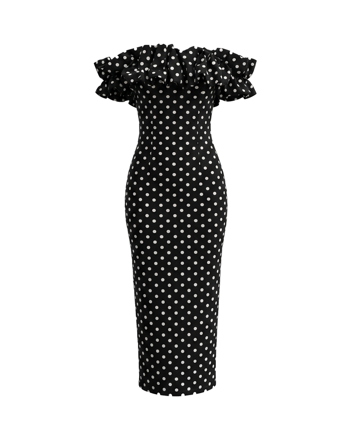 Black White Polka Dot Off-Shoulder Ruffle Midi Dress
