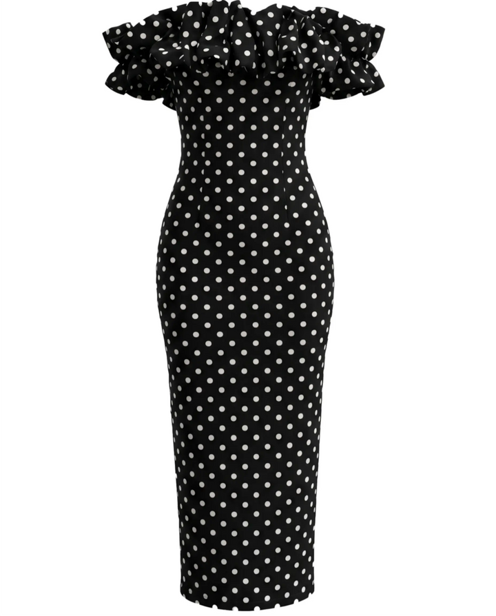 Black White Polka Dot Off-Shoulder Ruffle Midi Dress