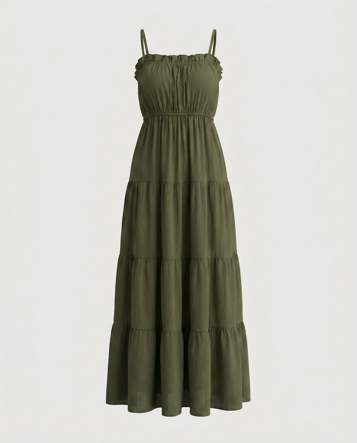 Olive Green Tiered Spaghetti Strap Maxi Dress