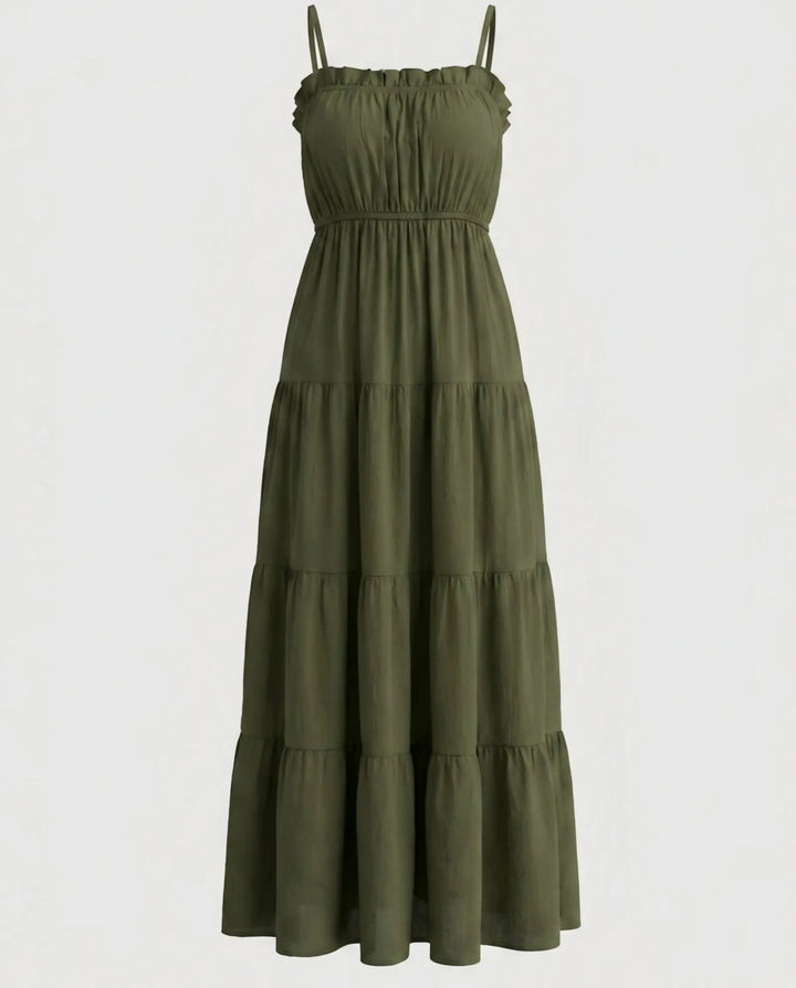 Olive Green Tiered Spaghetti Strap Maxi Dress