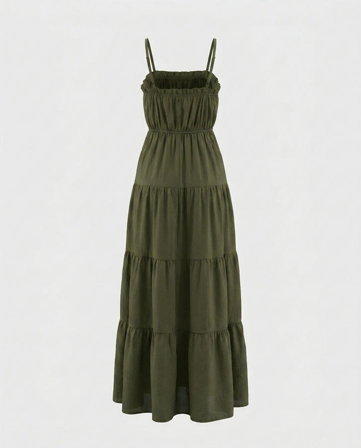 Olive Green Tiered Spaghetti Strap Maxi Dress