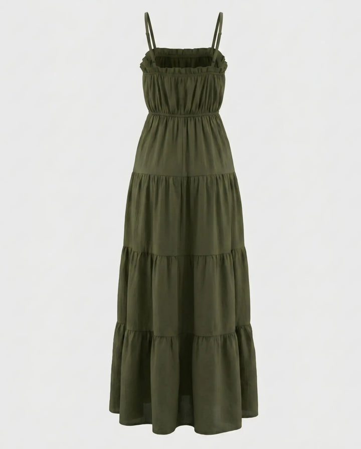 Olive Green Tiered Spaghetti Strap Maxi Dress