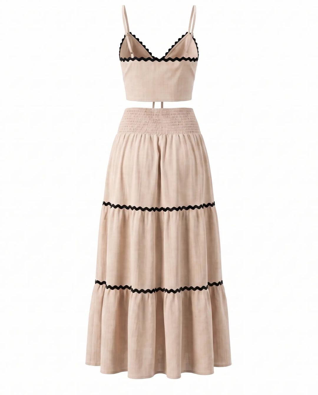 Beige Ric Rac Trim Crop Top Tiered Maxi Skirt Set