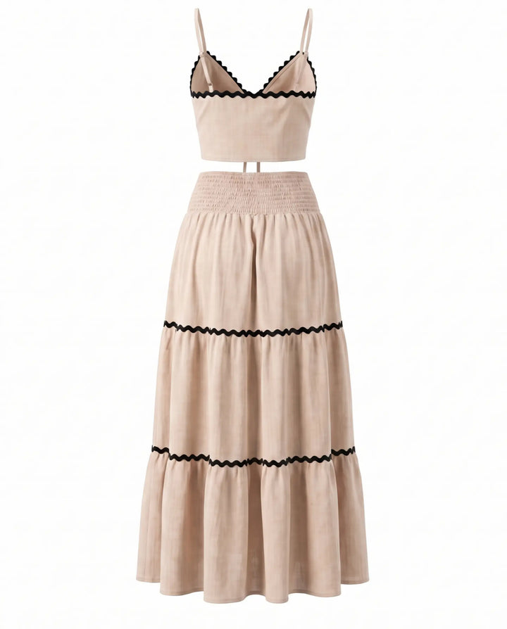 Beige Ric Rac Trim Crop Top Tiered Maxi Skirt Set