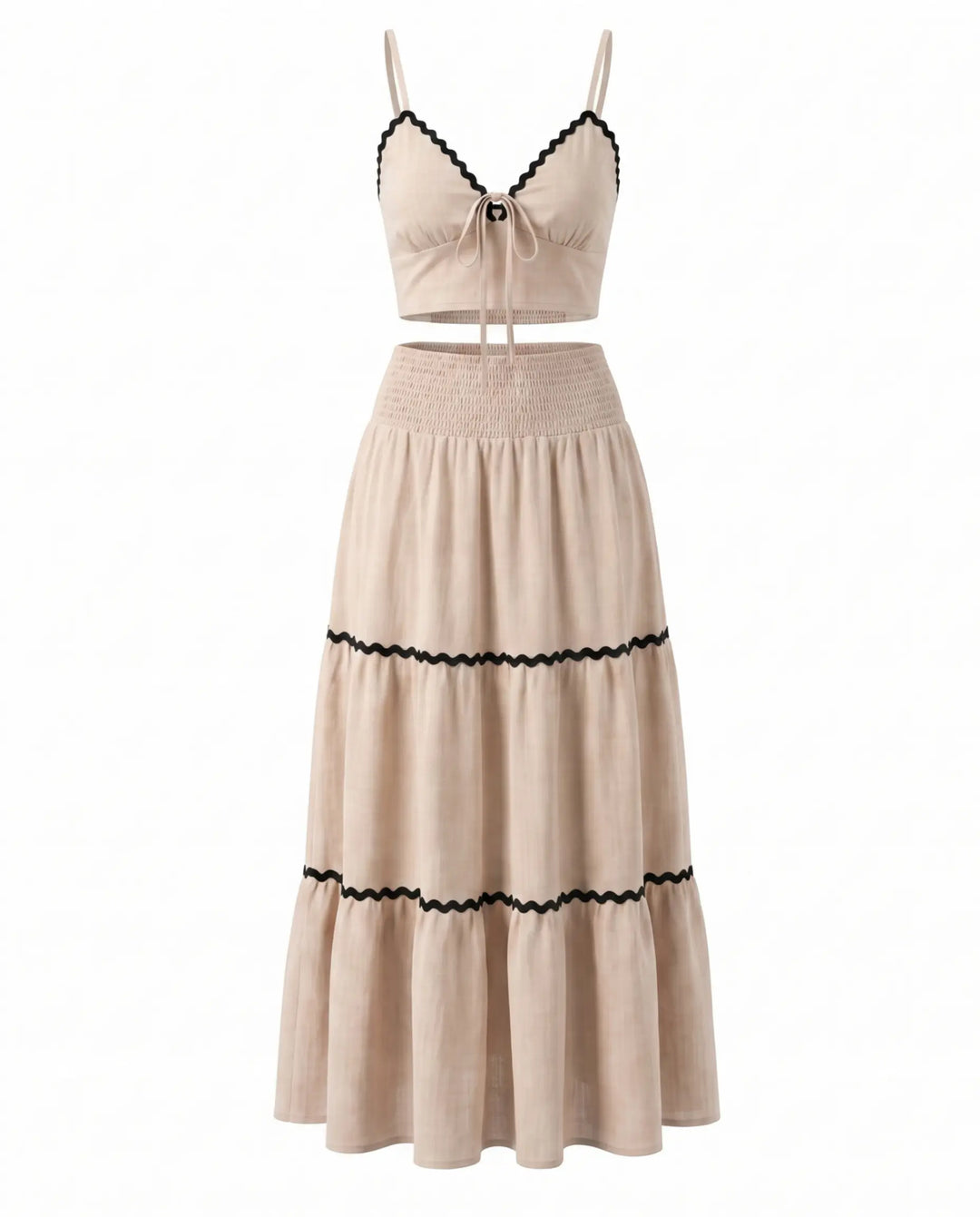 Beige Ric Rac Trim Crop Top Tiered Maxi Skirt Set