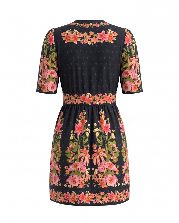 Black Floral Print Puff Sleeve Mini Dress