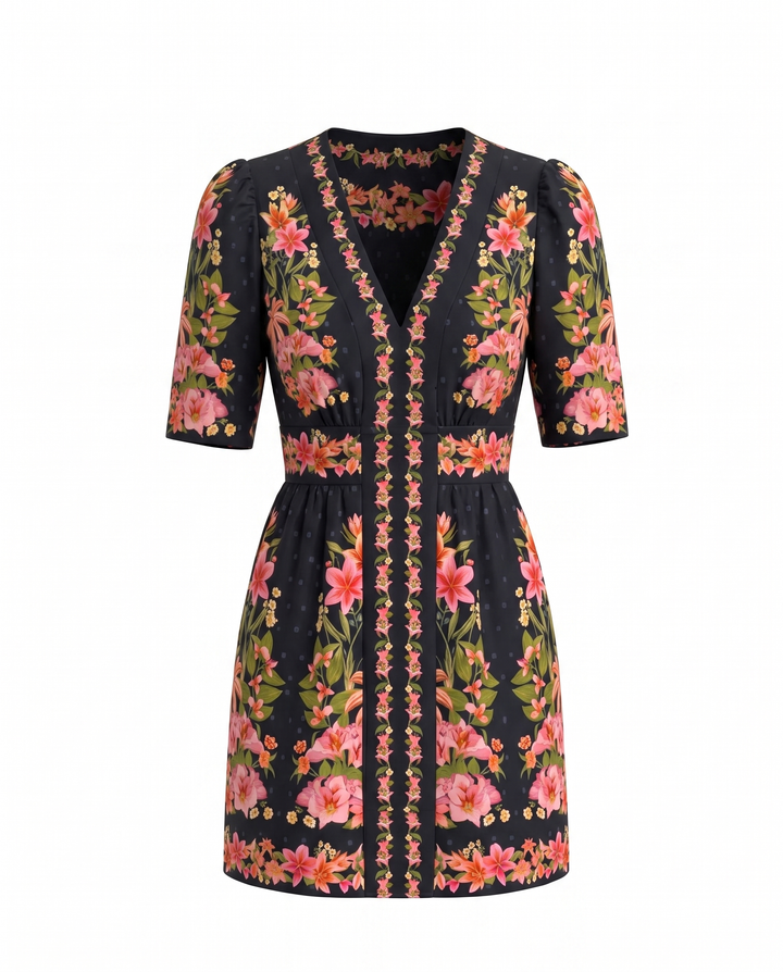 Black Floral Print Puff Sleeve Mini Dress