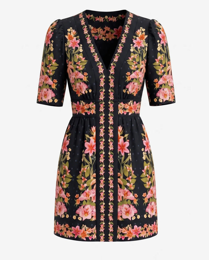 Black Floral Print Puff Sleeve Mini Dress