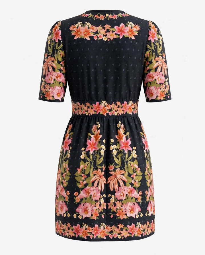 Black Floral Print Puff Sleeve Mini Dress