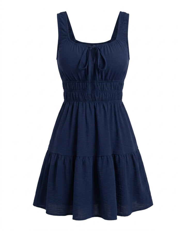 Navy Blue Square Neck Tiered Mini Dress