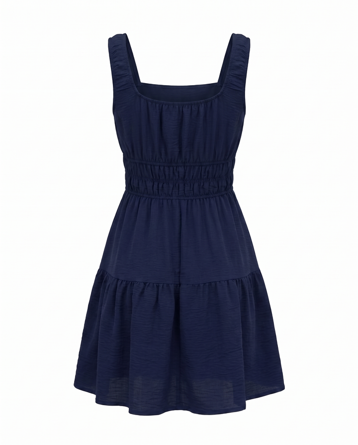 Navy Blue Square Neck Tiered Mini Dress