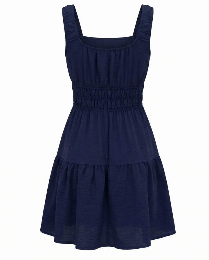Navy Blue Square Neck Tiered Mini Dress