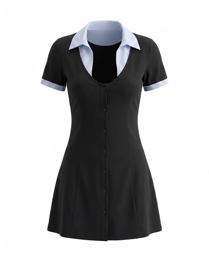 Black Contrast Striped Collar Short Sleeve Mini Dress