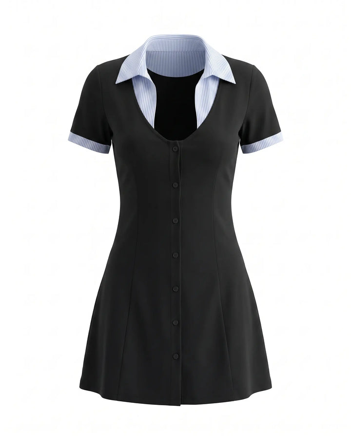 Black Contrast Striped Collar Short Sleeve Mini Dress