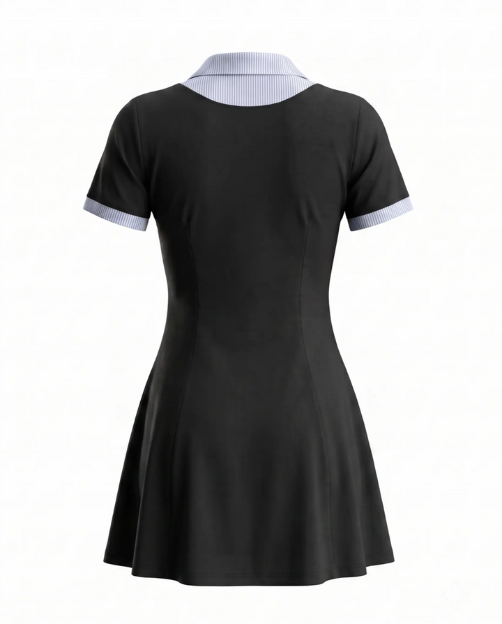 Black Contrast Striped Collar Short Sleeve Mini Dress