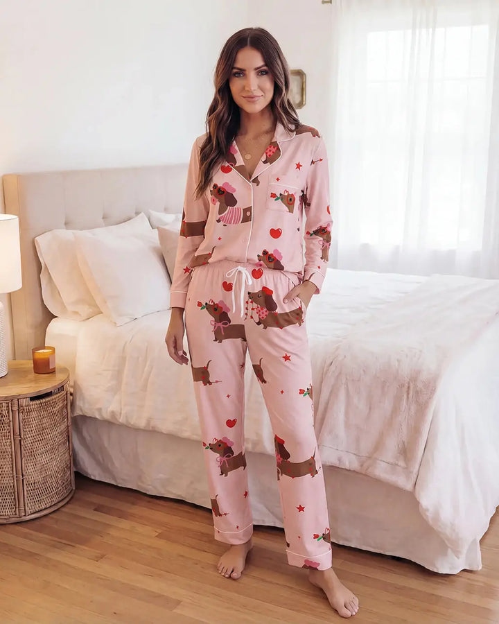 SOLACE CHICValentine Dachshund Dog Pattern Pajama Set