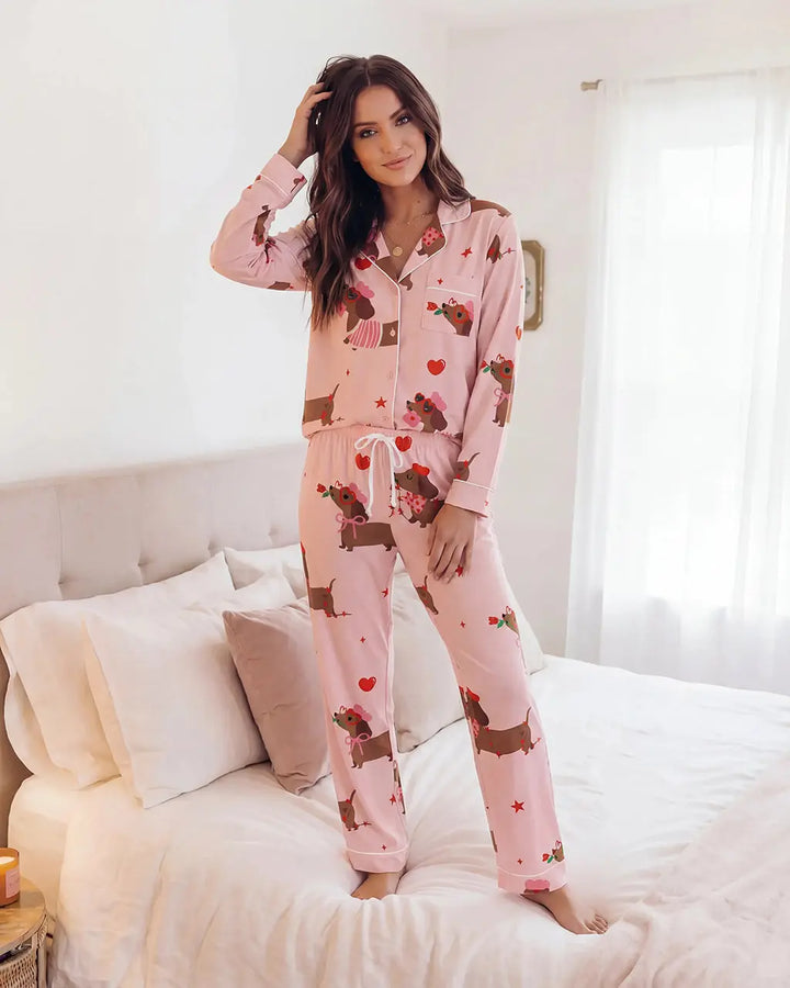 SOLACE CHICValentine Dachshund Dog Pattern Pajama Set