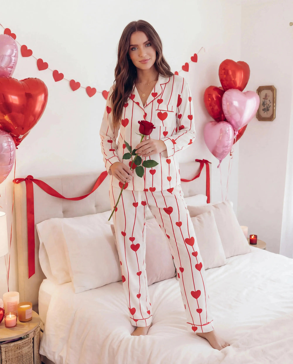 SOLACE CHICWavy Heart Print Pajama Set