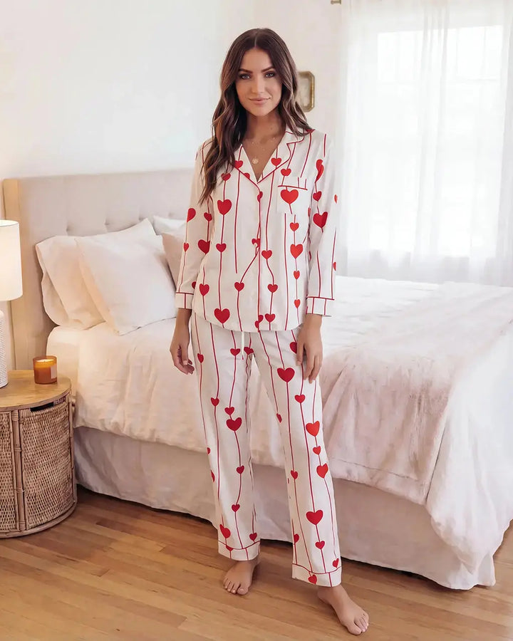 SOLACE CHICWavy Heart Print Pajama Set