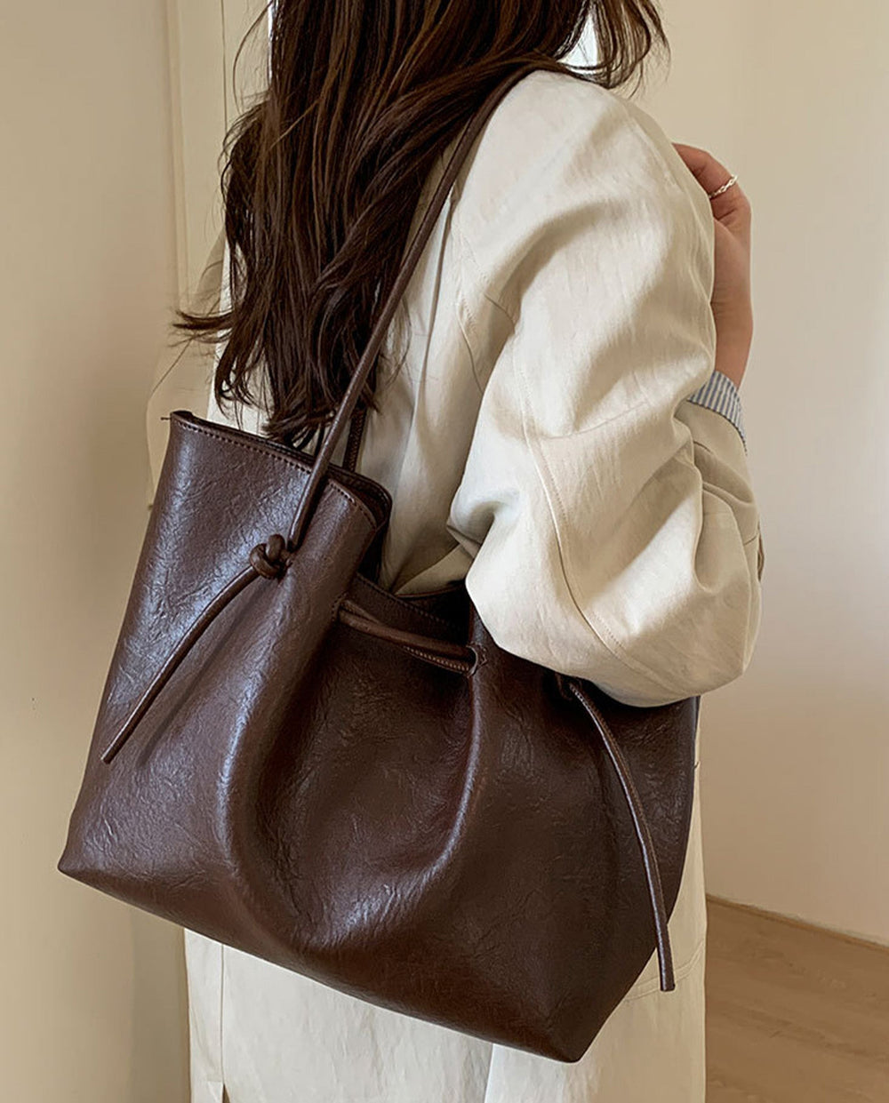 SOLACEDark Brown Crinkled Faux Leather Drawstring Knot Shoulder Tote Bag