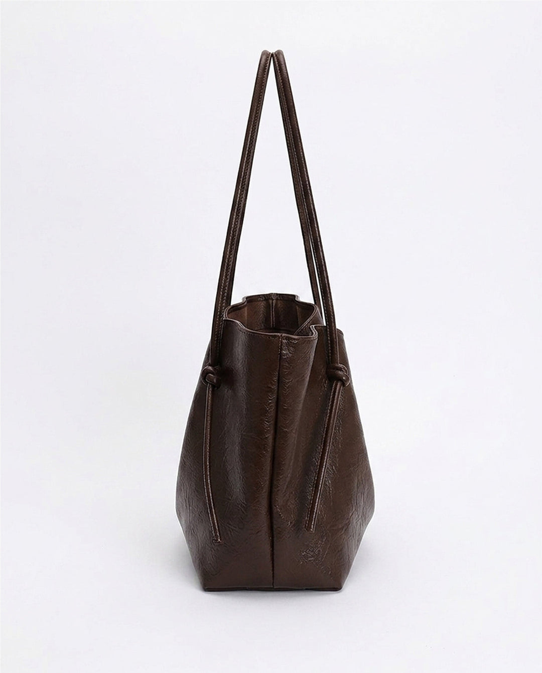 SOLACEDark Brown Crinkled Faux Leather Drawstring Knot Shoulder Tote Bag