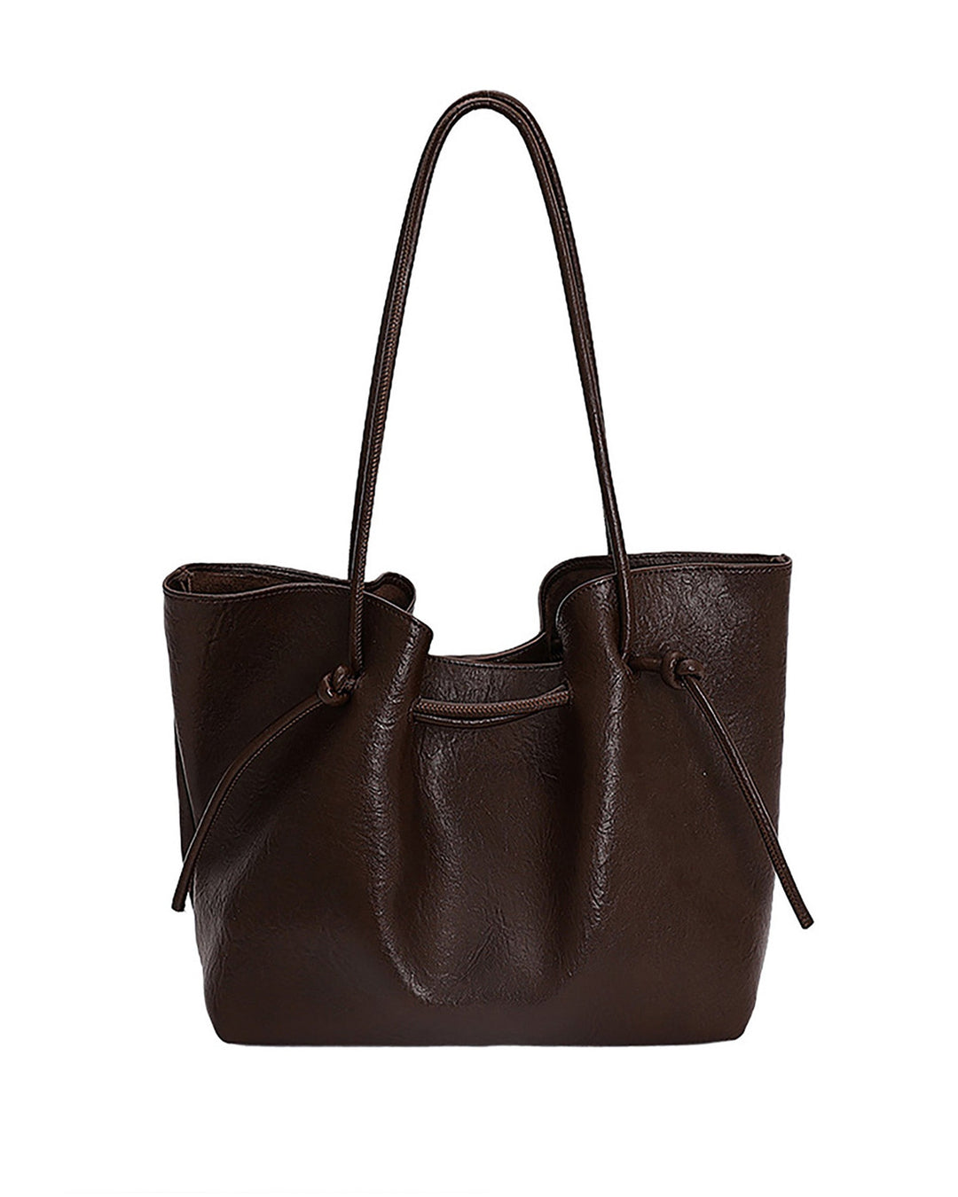 SOLACEDark Brown Crinkled Faux Leather Drawstring Knot Shoulder Tote Bag