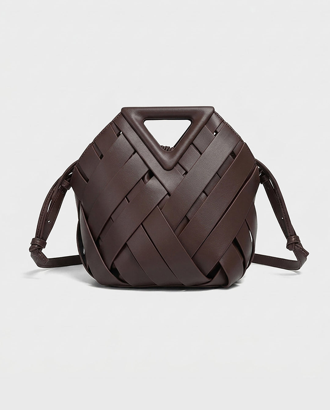SOLACEDark Brown Wide Woven Faux Leather Triangle Cutout Handle Bucket Crossbody Bag