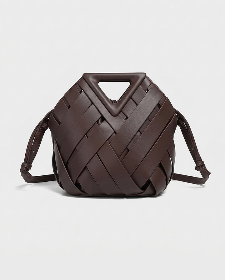 SOLACEDark Brown Wide Woven Faux Leather Triangle Cutout Handle Bucket Crossbody Bag
