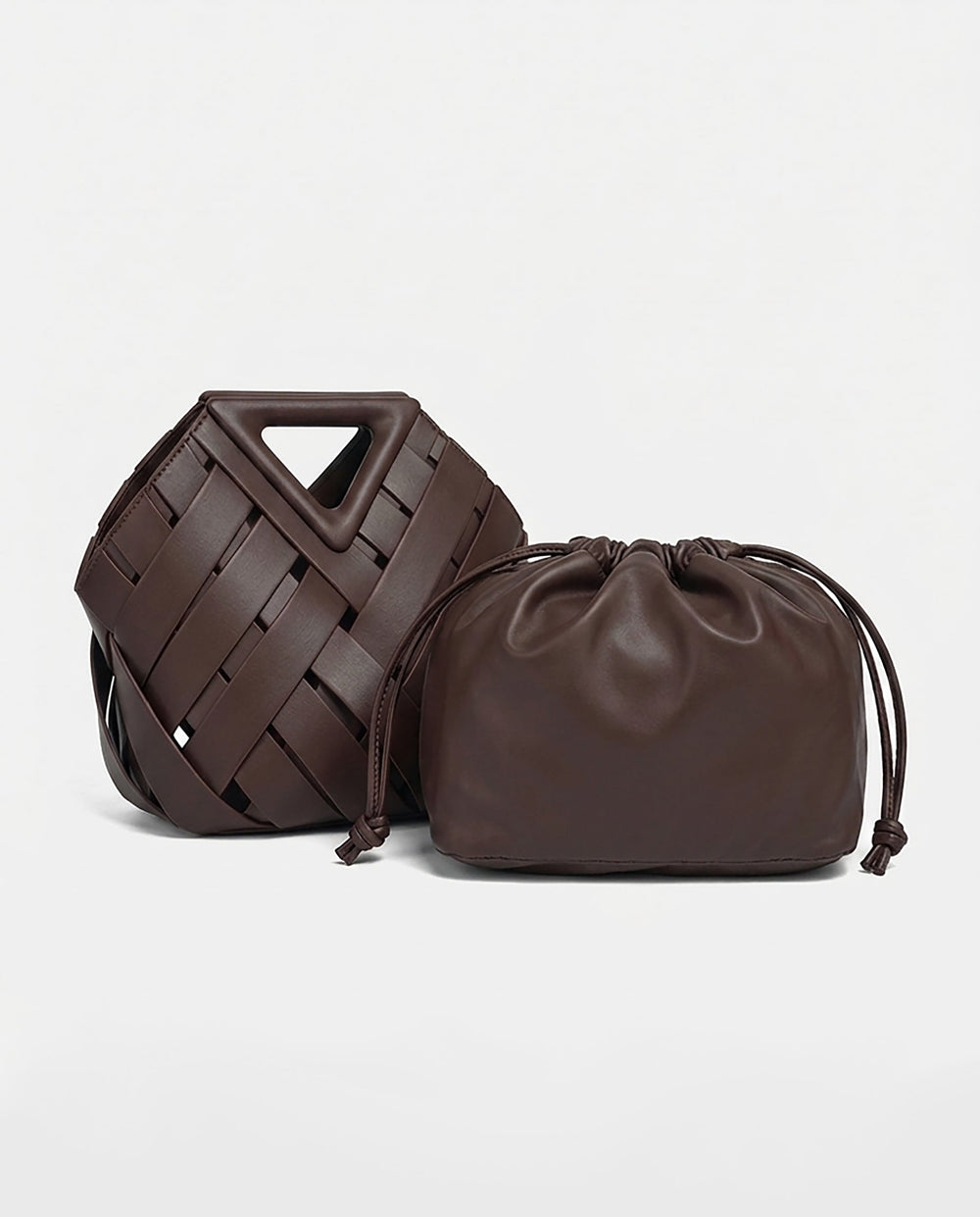 SOLACEDark Brown Wide Woven Faux Leather Triangle Cutout Handle Bucket Crossbody Bag