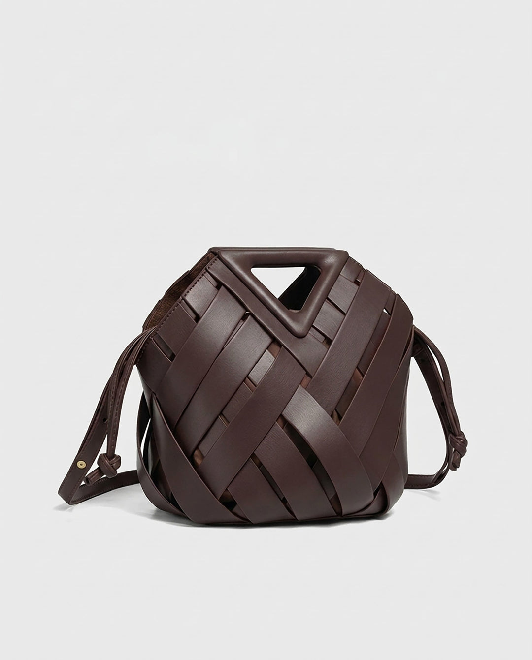 SOLACEDark Brown Wide Woven Faux Leather Triangle Cutout Handle Bucket Crossbody Bag