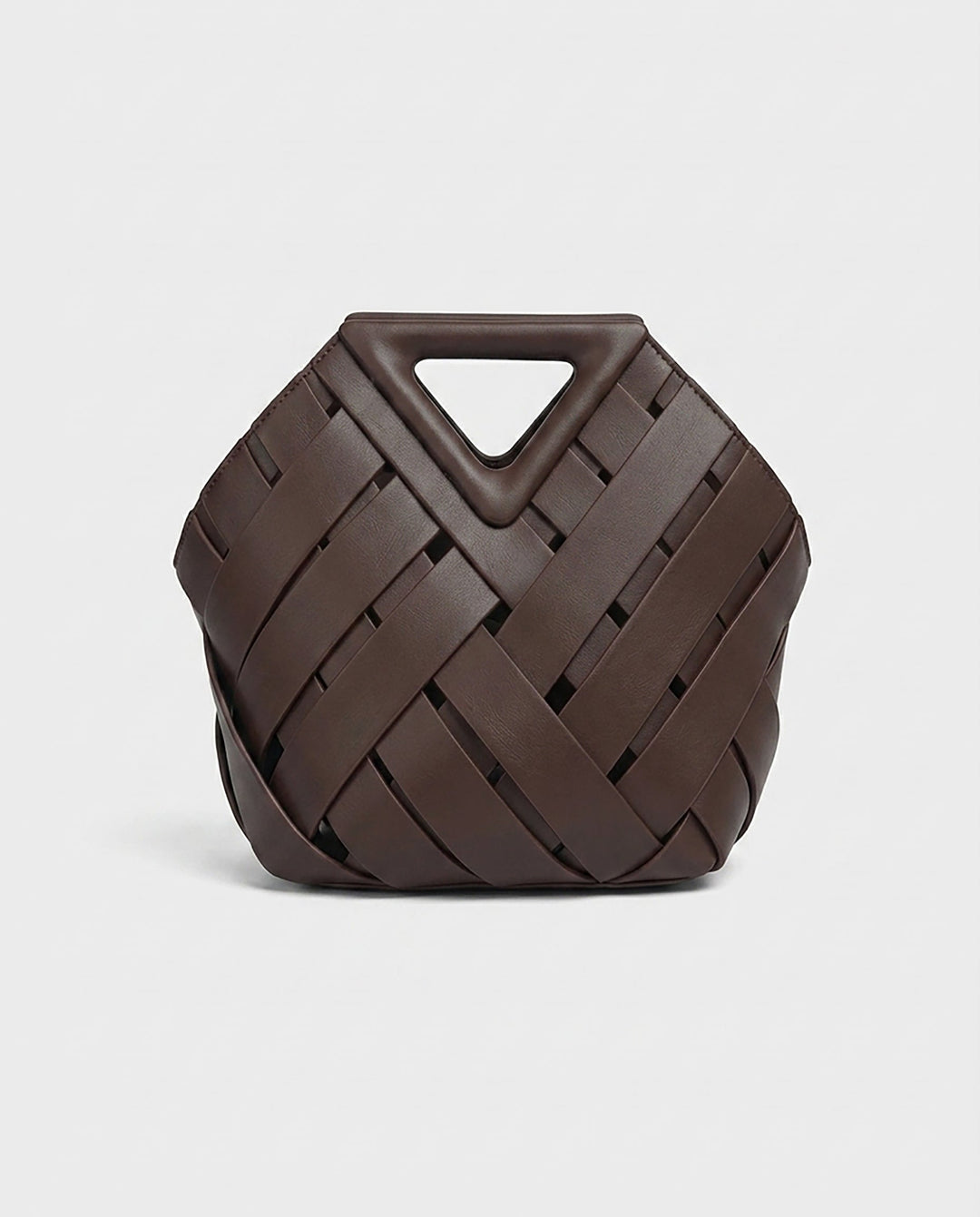 SOLACEDark Brown Wide Woven Faux Leather Triangle Cutout Handle Bucket Crossbody Bag
