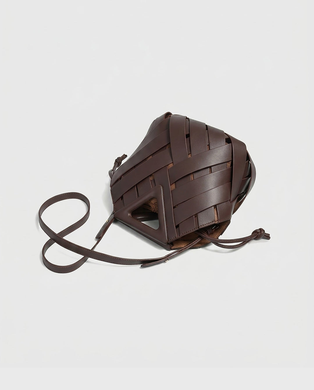 SOLACEDark Brown Wide Woven Faux Leather Triangle Cutout Handle Bucket Crossbody Bag
