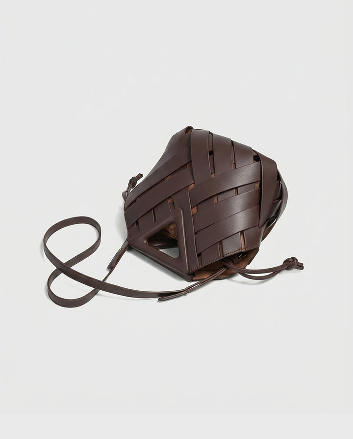 SOLACEDark Brown Wide Woven Faux Leather Triangle Cutout Handle Bucket Crossbody Bag