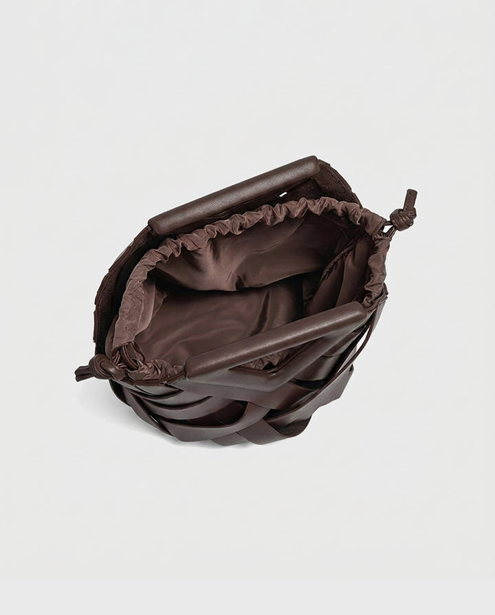 SOLACEDark Brown Wide Woven Faux Leather Triangle Cutout Handle Bucket Crossbody Bag