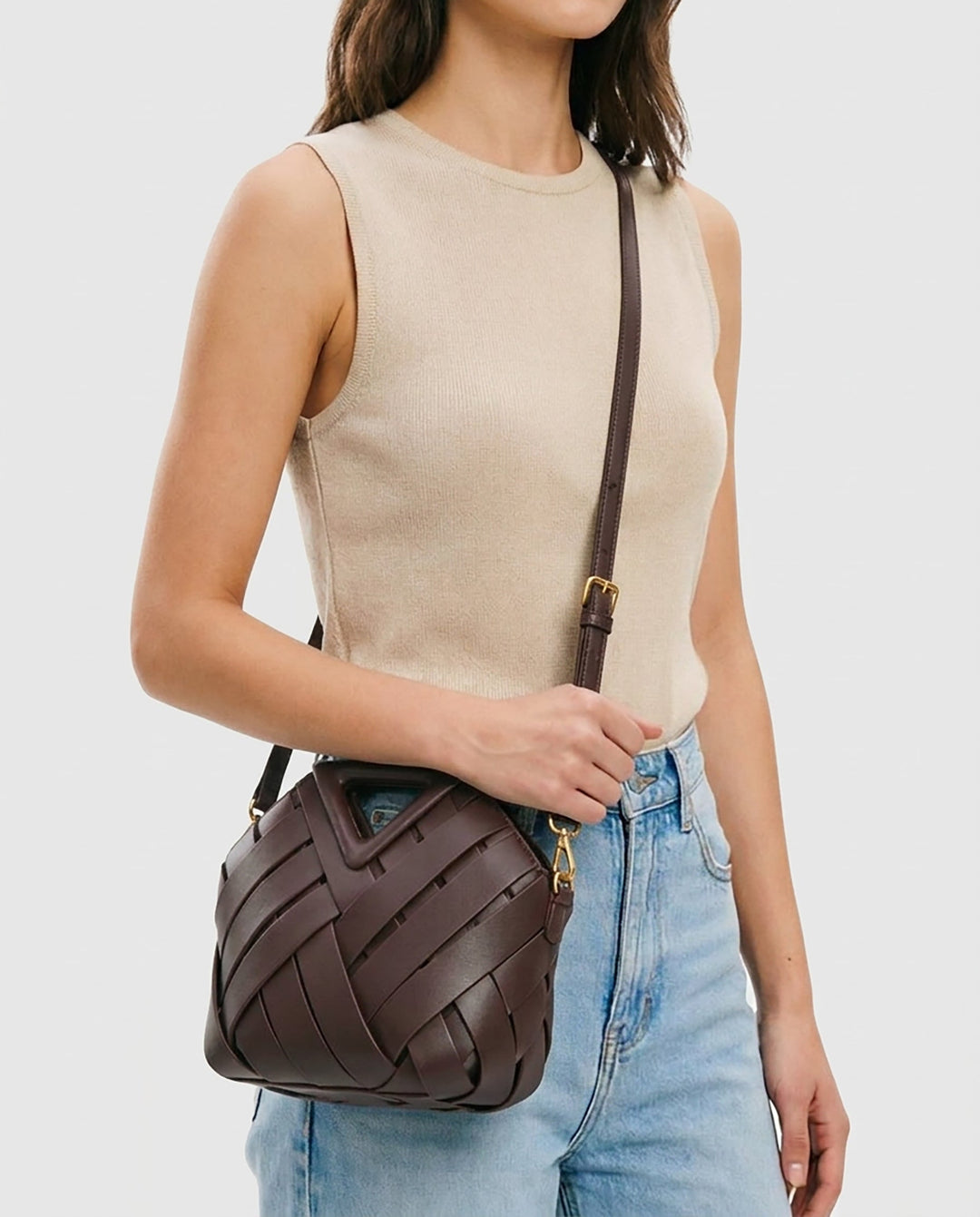 SOLACEDark Brown Wide Woven Faux Leather Triangle Cutout Handle Bucket Crossbody Bag