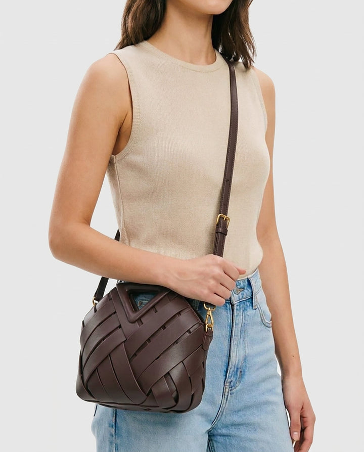 SOLACEDark Brown Wide Woven Faux Leather Triangle Cutout Handle Bucket Crossbody Bag