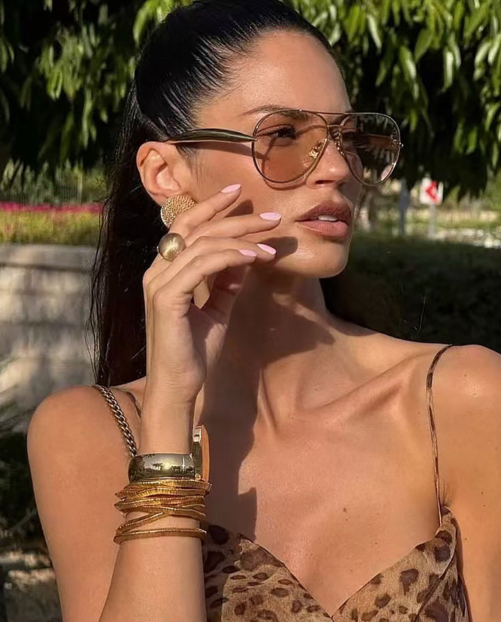 SOLACEDouble Bridge Gold Frame Light Tea Transparent Lens Aviator Sunglasses