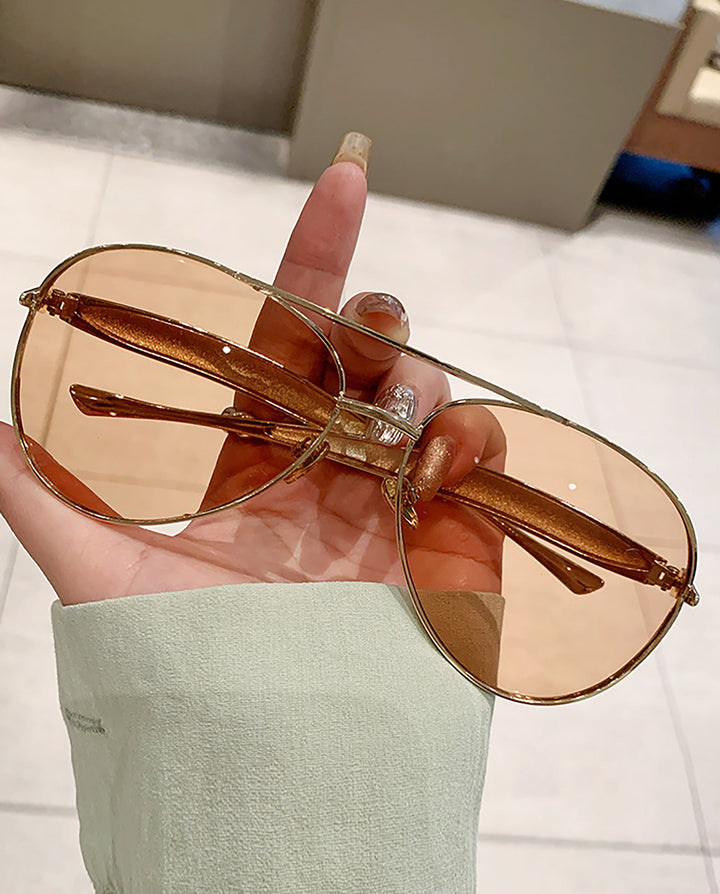 SOLACEDouble Bridge Gold Frame Light Tea Transparent Lens Aviator Sunglasses