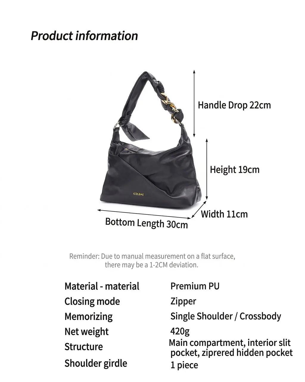 Ruched Leather Hobo Chain Detail Shoulder Bag SOLACE