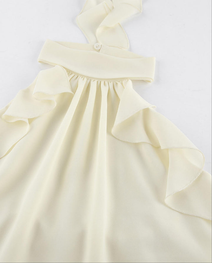 SOLACEElegant Beige Halter Neck Backless Ruffled Loose Top