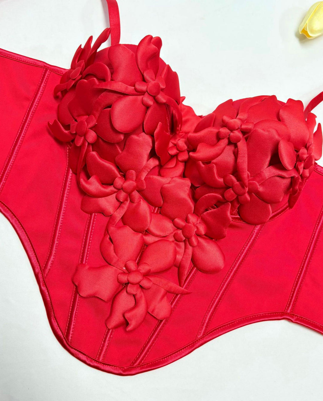 SOLACEElegant Red 3D Petal Corset Satin Crop Top