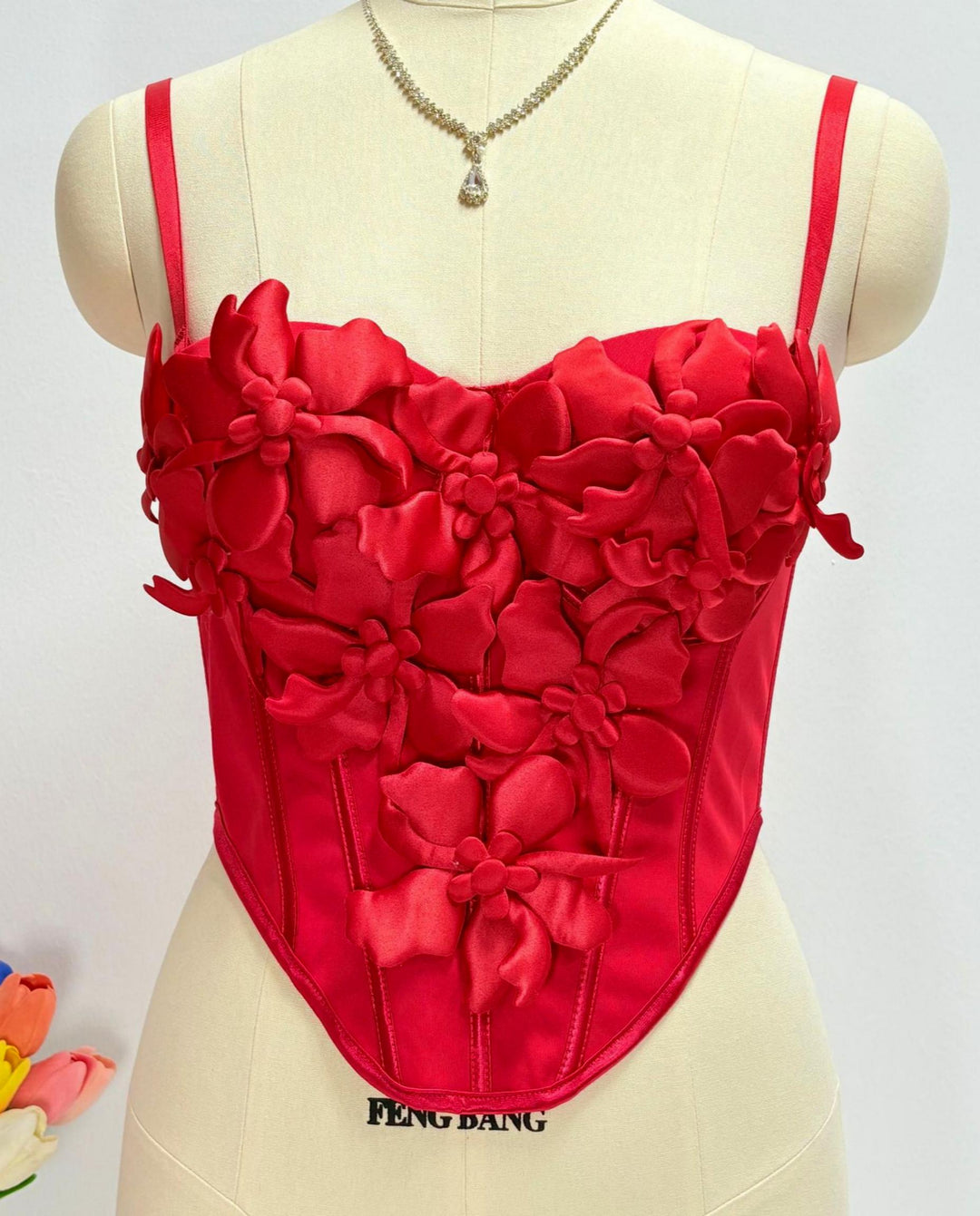 SOLACEElegant Red 3D Petal Corset Satin Crop Top