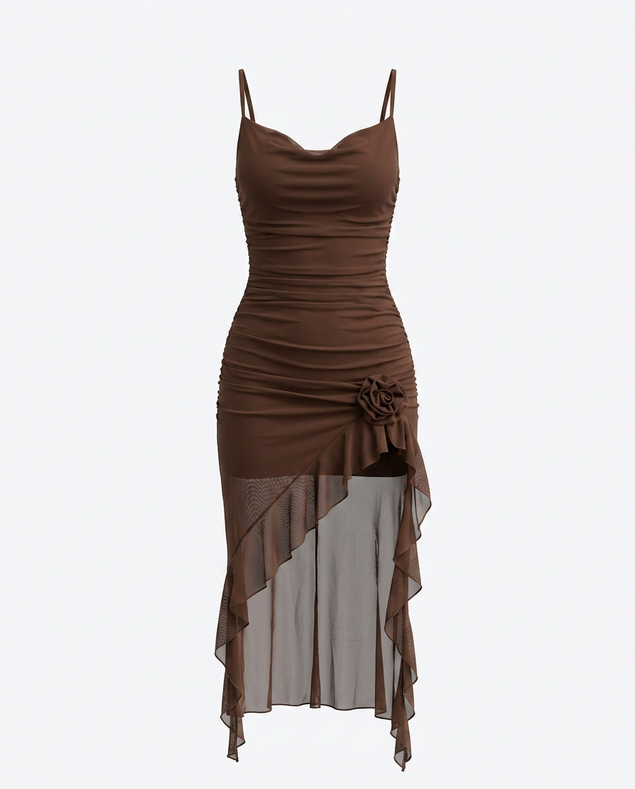 SOLACEElegant Ruched Mesh Overlay Floral Bodycon Midi Dress