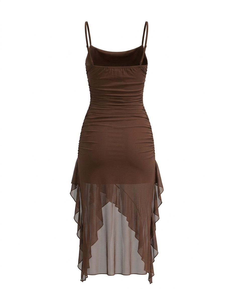 SOLACEElegant Ruched Mesh Overlay Floral Bodycon Midi Dress