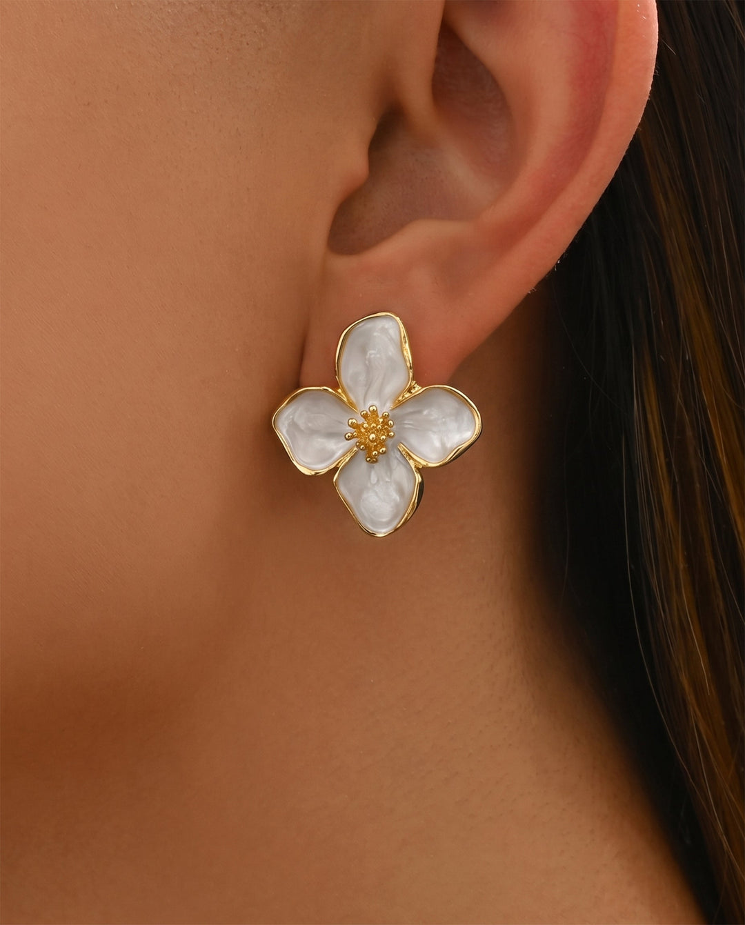SOLACEEnamel Gold Trim Four Petal Flower Stud Earrings